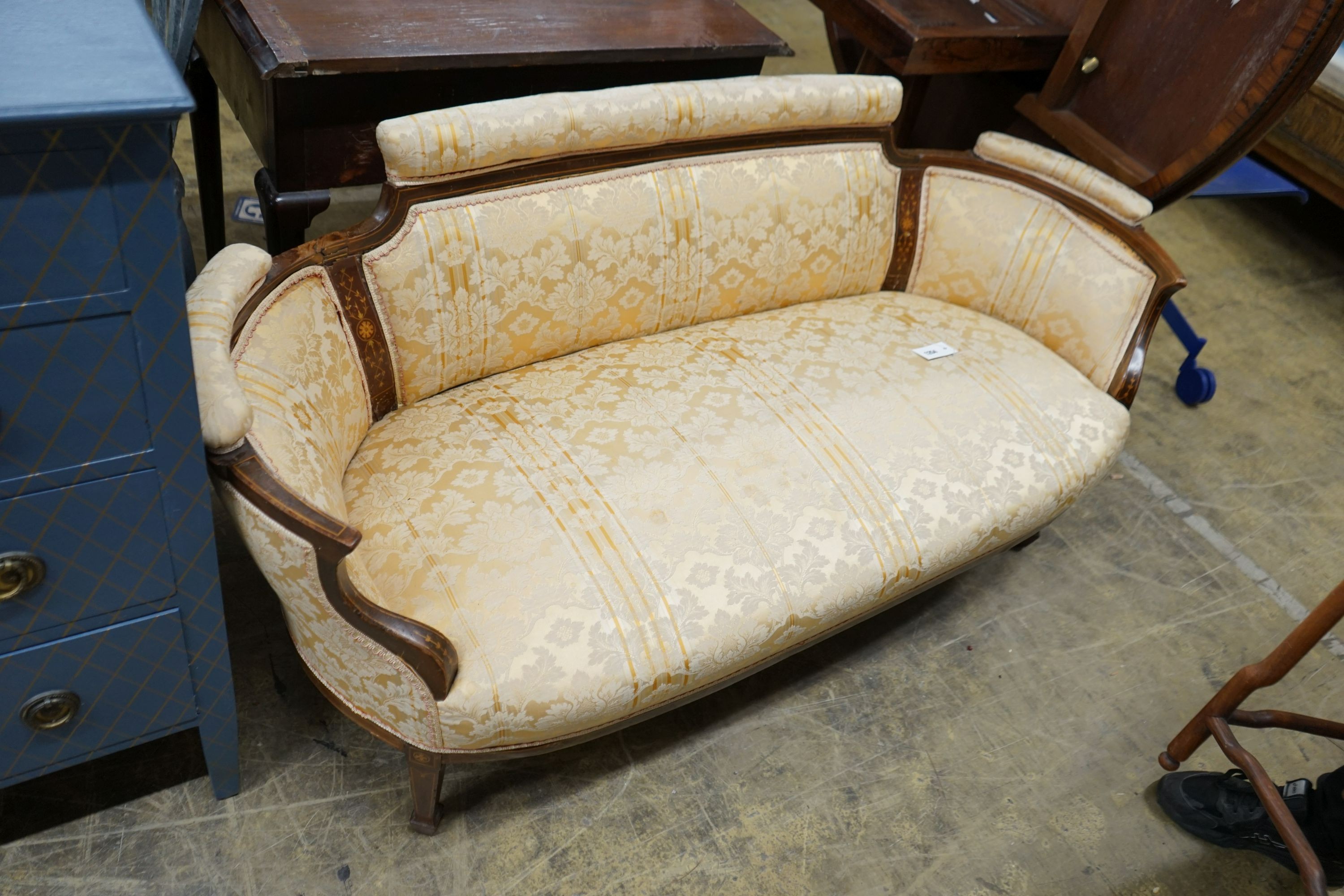 An Edwardian inlaid tub framed settee, length 150cm, depth 60cm, height 66cm